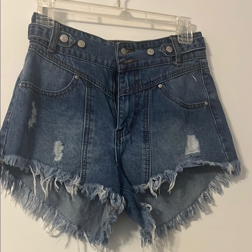 Blue High-Waisted Jean Shorts with Frayed Hem